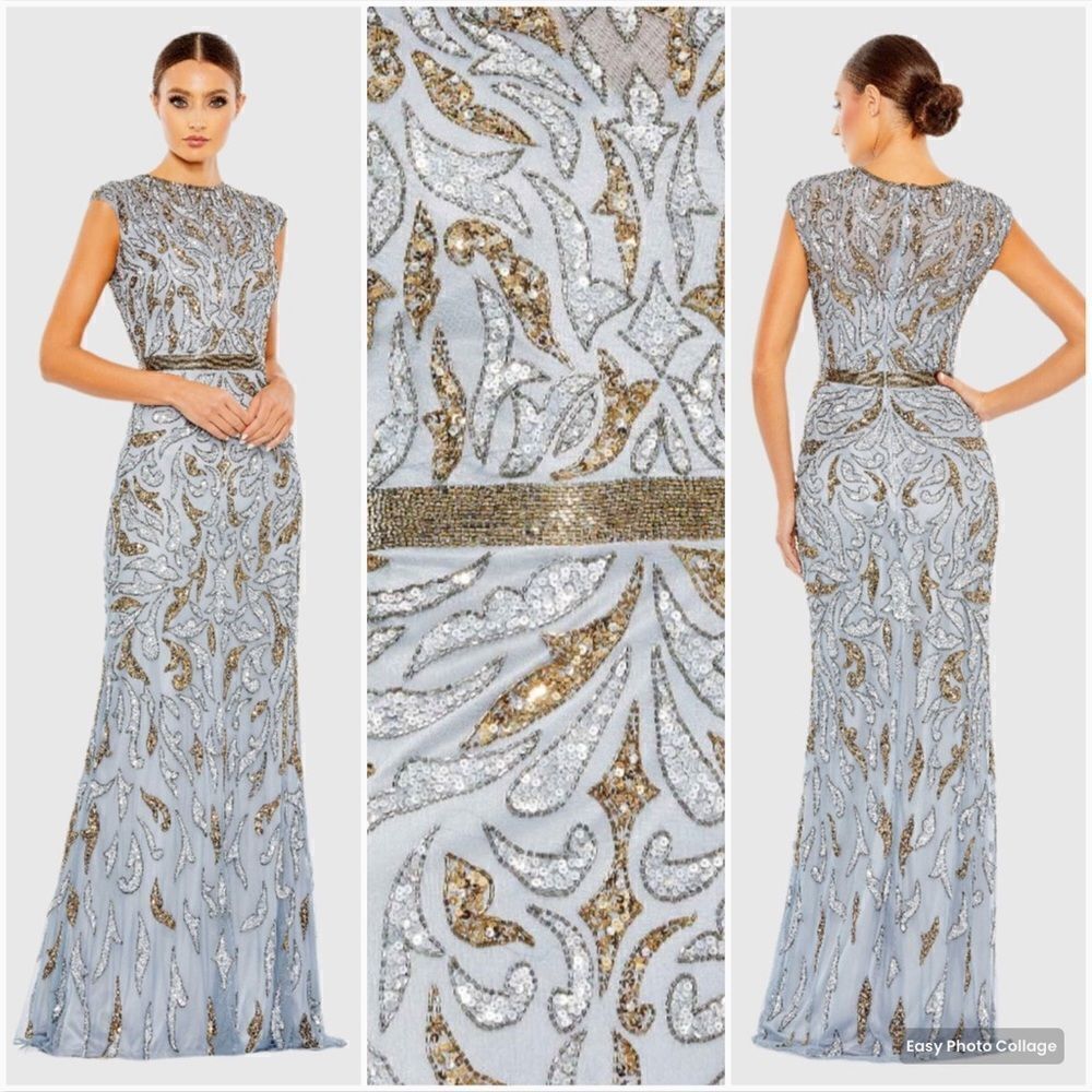 Mac Duggal 6 Silver Gray Gold Beaded  Illusion Cap Sleeve Column Gown Maxi Dress